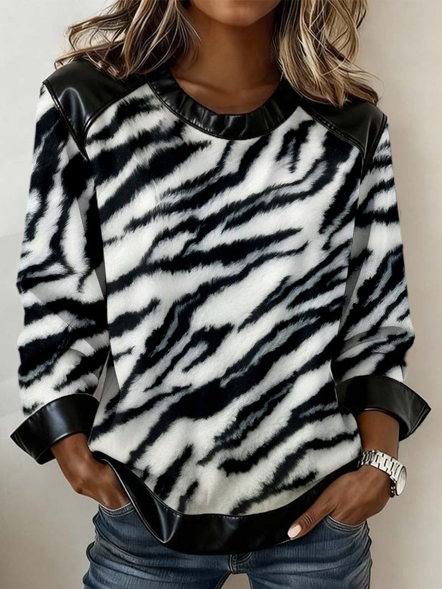 Women's Animal Fur Texture Art Print Leather Patchwork Sweatshirt