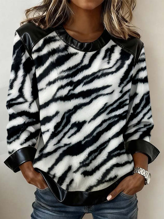 Women's Animal Fur Texture Art Print Leather Patchwork Sweatshirt