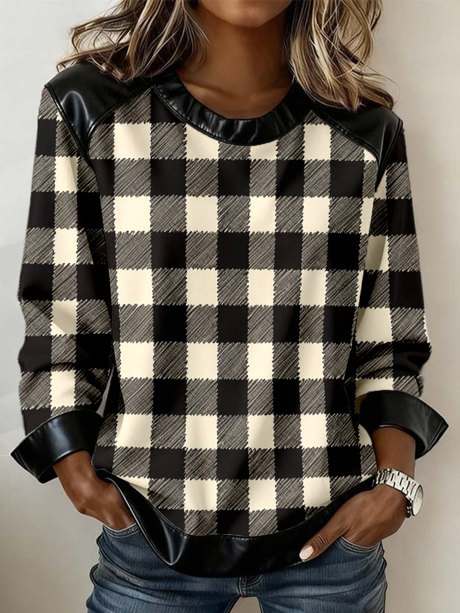 Women's Vintage Plaid Pattern Leather Patchwork Sweatshirt