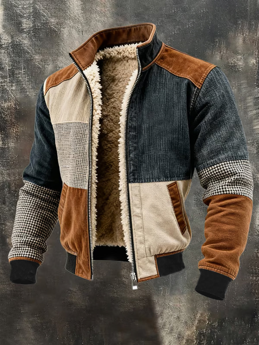 Men's Retro Patchwork Warm Zipper Outdoor Jacket