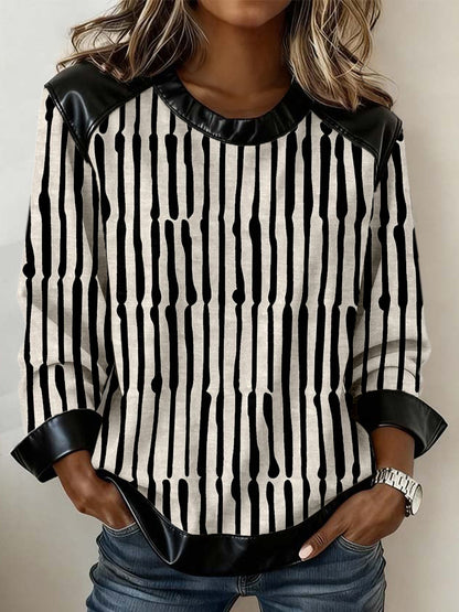 Women's Abstract Art Line Print Leather Patchwork Sweatshirt