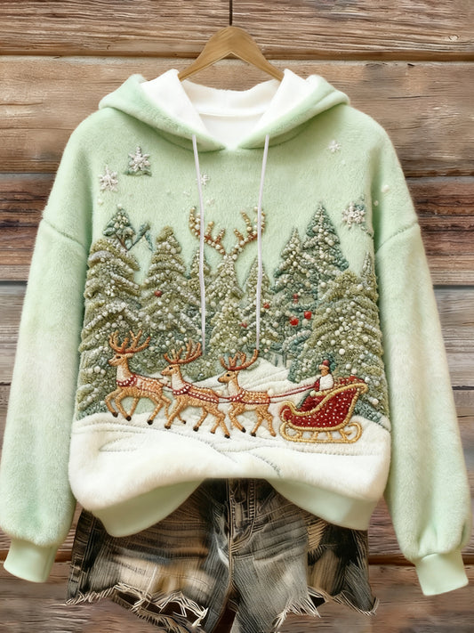 Women's Christmas Santa Claus Reindeer Print Casual Flannel Hoodie