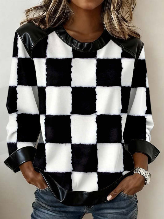 Women's Black And White Checkered Pattern Leather Patchwork Sweatshirt
