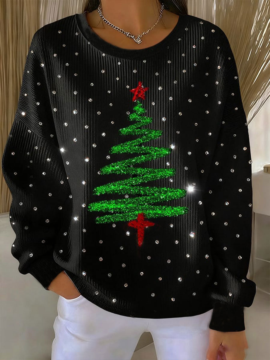 Women's Christmas Tree Cross Ribbed Round-Neck Sweatshirt