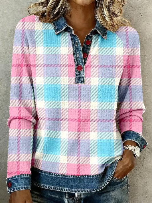Women's Pink And Blue Plaid Print Denim Patchwork Top