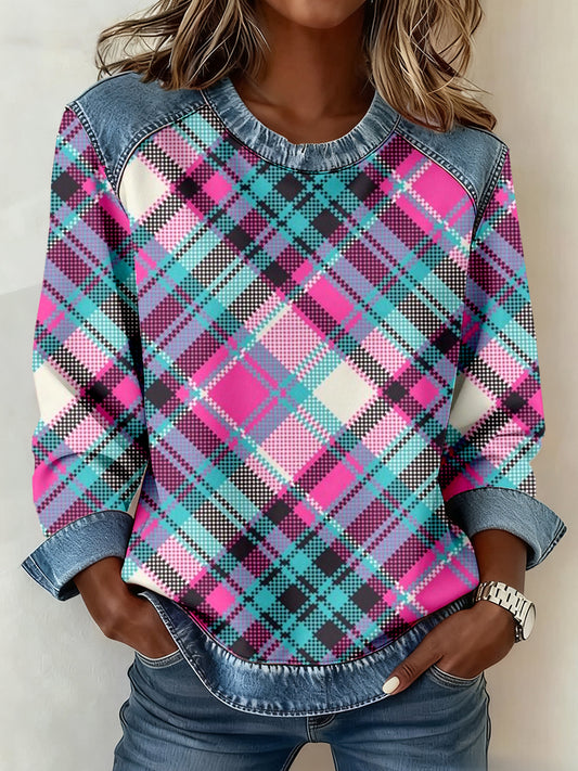 Women's Vintage Plaid Print Denim Patchwork Sweatshirt