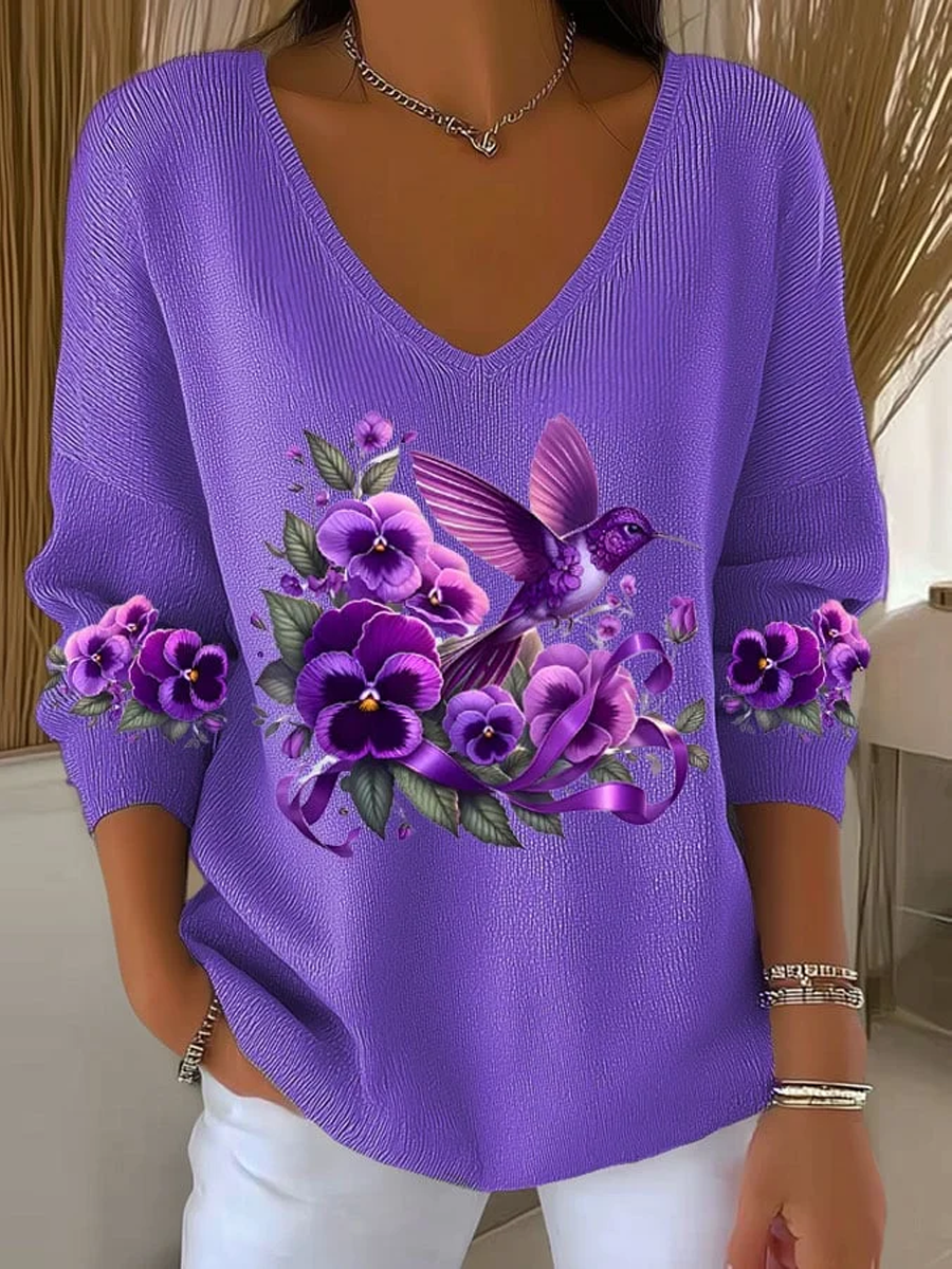Women's Casual Alzheimer's Awareness Purple Hummingbird Print V-Neck Ribbed Top
