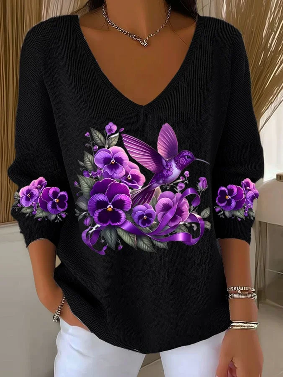 Women's Casual Alzheimer's Awareness Purple Hummingbird Print V-Neck Ribbed Top
