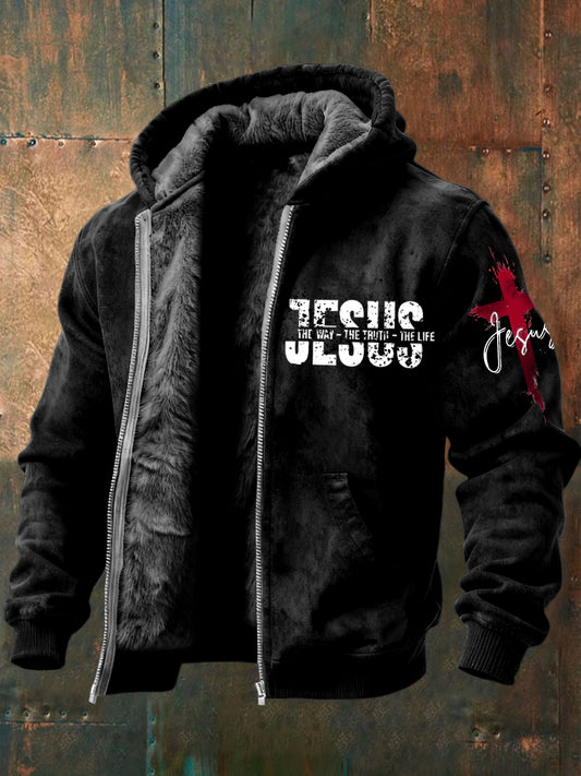 Vintage-Washed Jesus Faith Fleece-Lined Hooded Zipper Jacket
