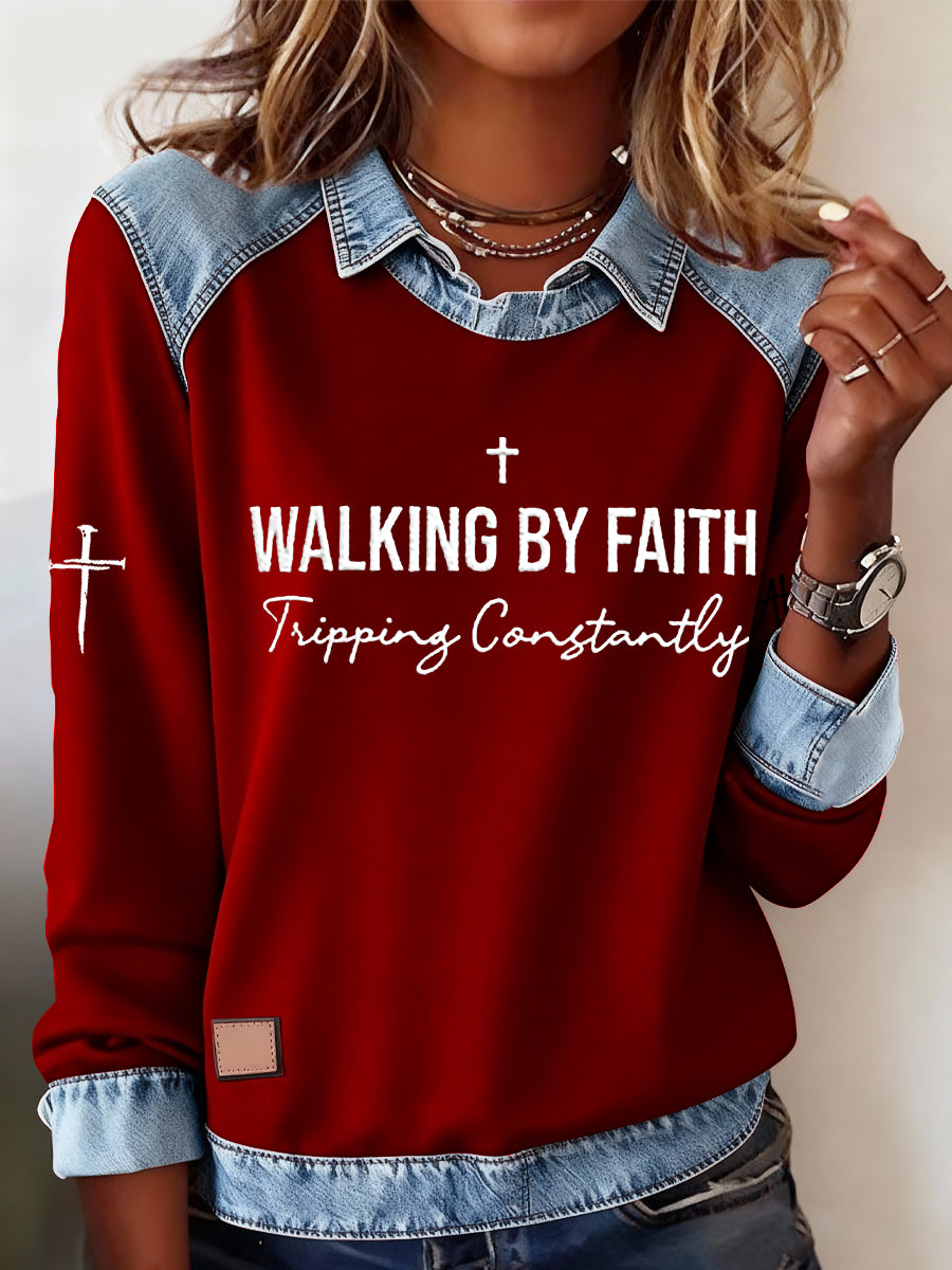 Women's Walking by Faith Tripping Constantly Cross Casual Sweatshirt