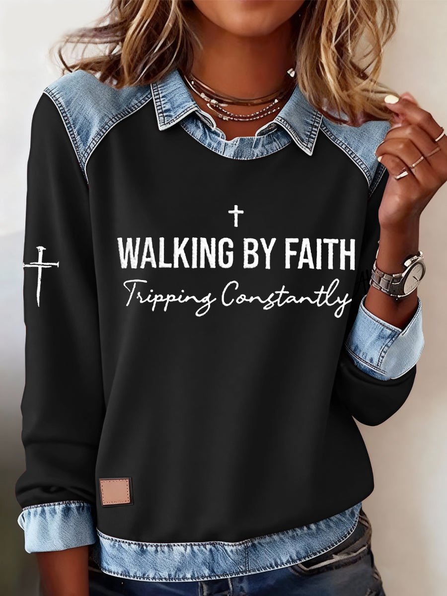 Women's Walking by Faith Tripping Constantly Cross Casual Sweatshirt