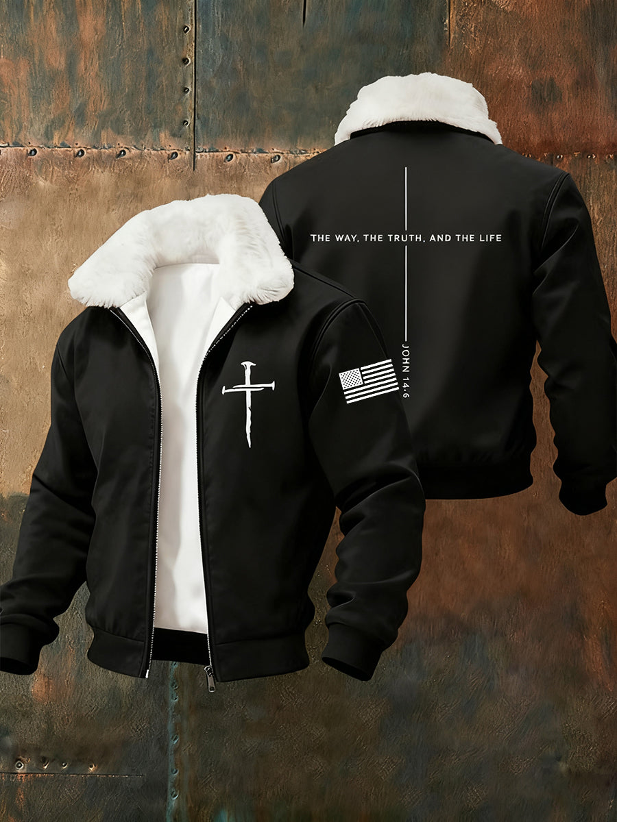 Men's Jesus The Way The Truth The Life Cross   Fur Collar Zip-Up Jacket