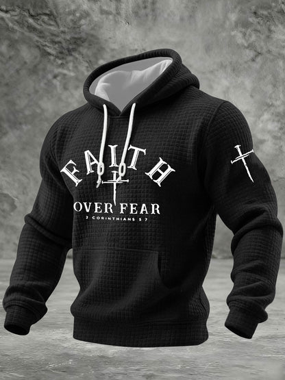 Men's Faith Over Fear Cross Checkered Cotton Hoodie