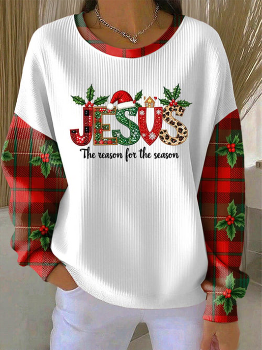 Women's Christmas combined with faith print Ribbed Round-Neck Sweatshirt
