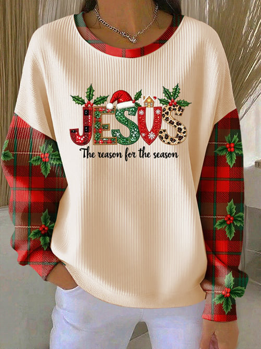 Women's Christmas combined with faith print Ribbed Round-Neck Sweatshirt