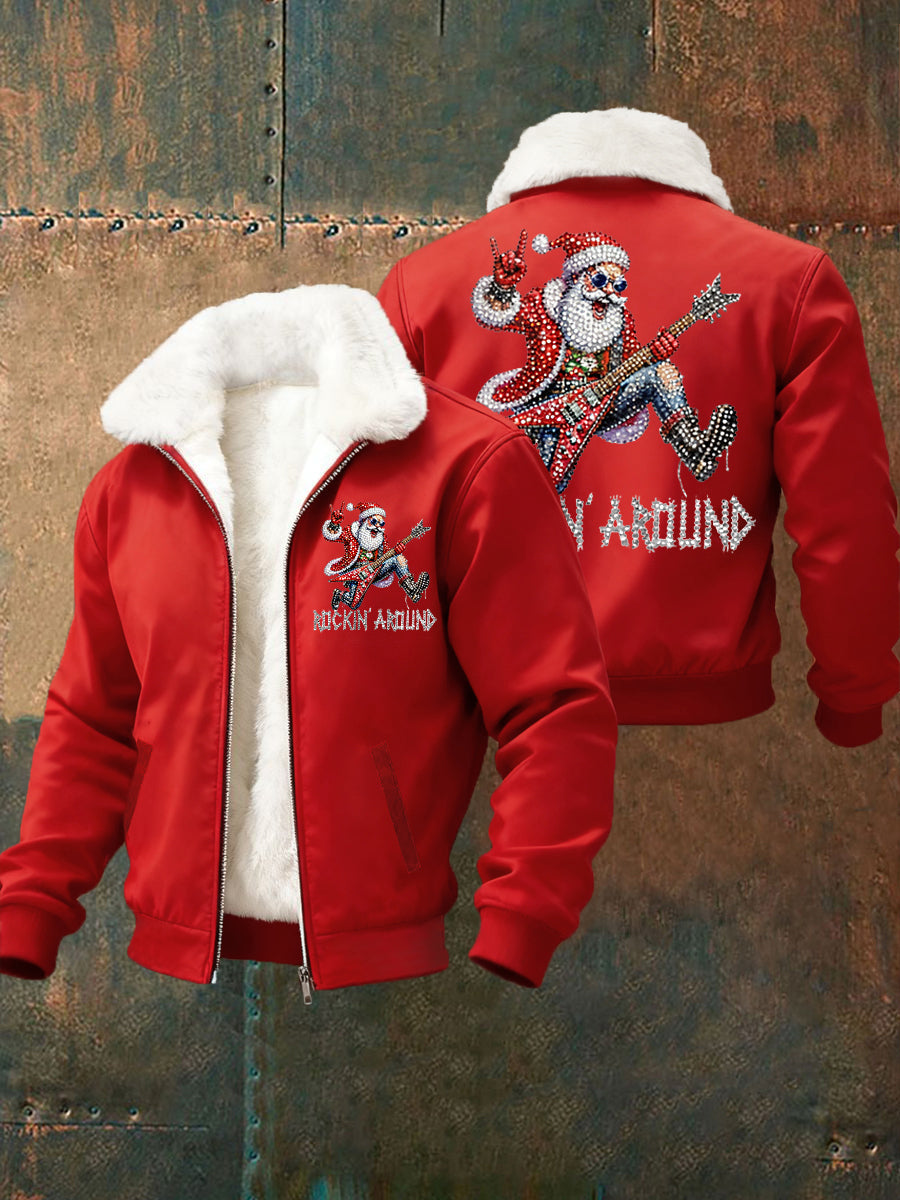 Men's Christmas Rock Santa Claus Print Fur Collar Zip-Up Jacket