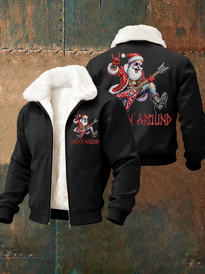 Men's Christmas Rock Santa Claus Print Fur Collar Zip-Up Jacket