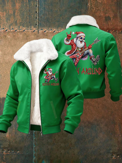 Men's Christmas Rock Santa Claus Print Fur Collar Zip-Up Jacket