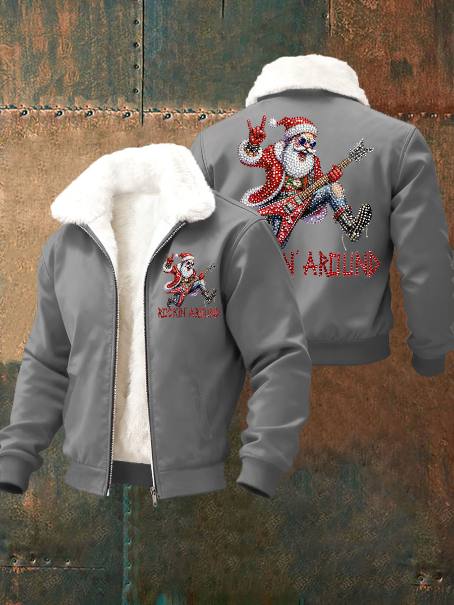 Men's Christmas Rock Santa Claus Print Fur Collar Zip-Up Jacket