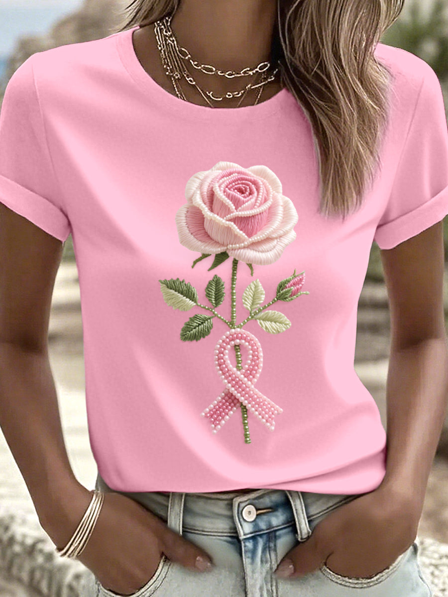 Women's Pink Rose Beaded Embroidered T-Shirt