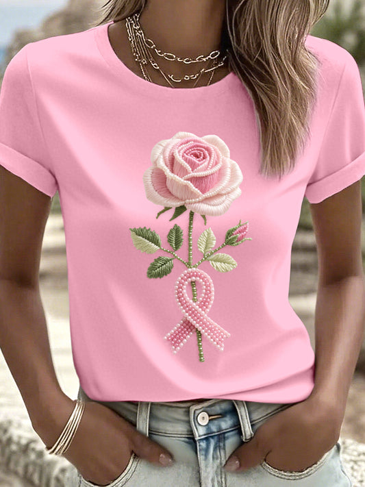 Women's Pink Rose Beaded Embroidered T-Shirt