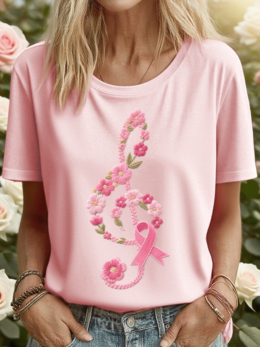 Women's Pink Floral Musical Note Embroidered T-Shirt