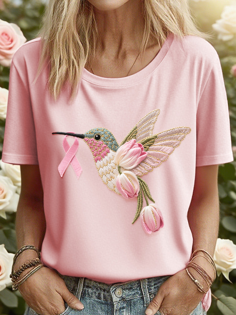 Women's Tulip inspired Hummingbird Embroidered T-Shirt
