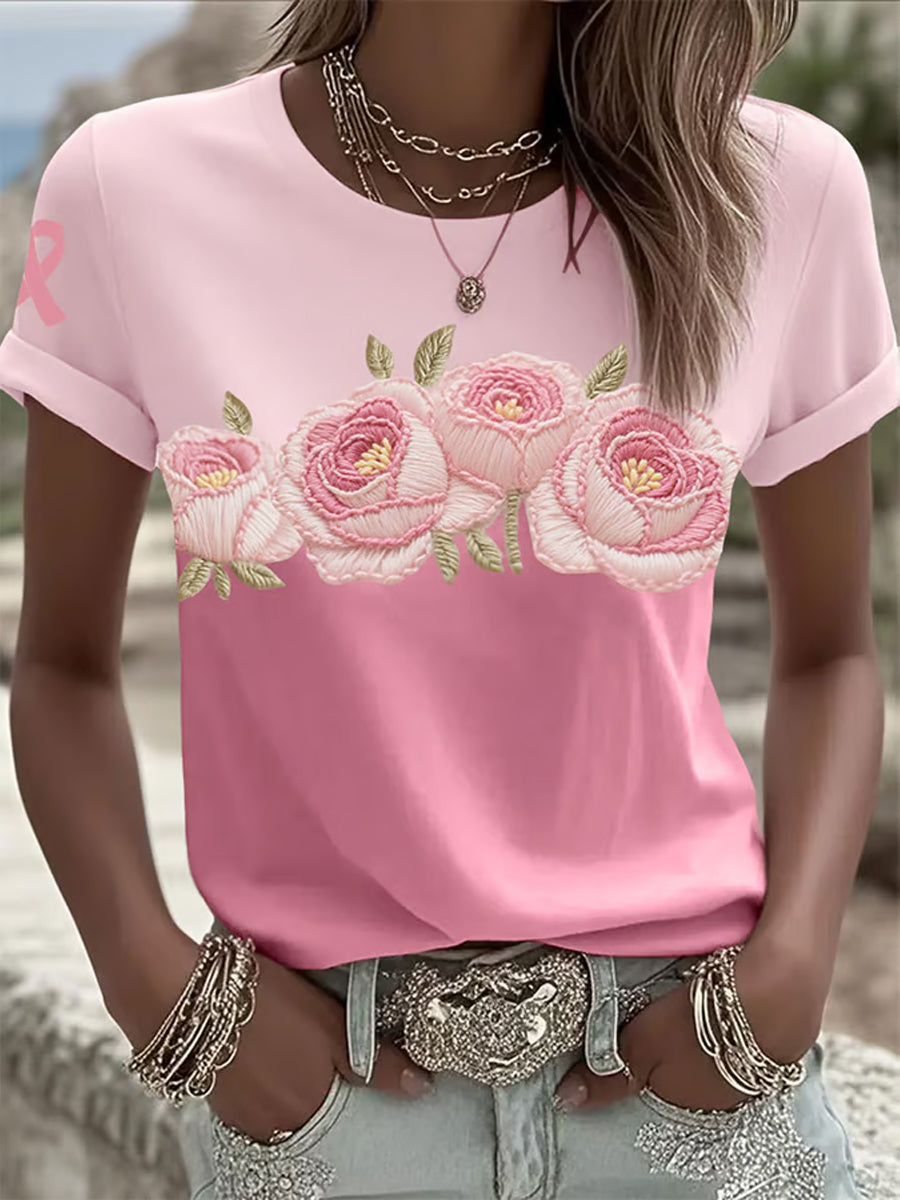 Women's Retro Pink Print Comfortable Casual T-shirt