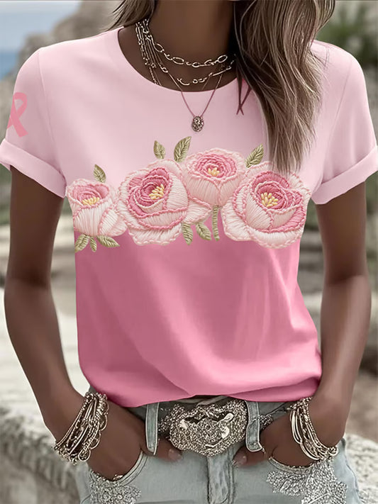 Women's Retro Pink Print Comfortable Casual T-shirt