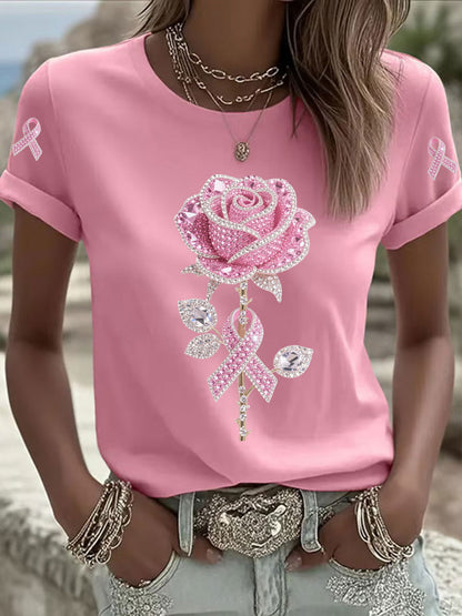 Women's Pink Floral Print Casual T-shirt