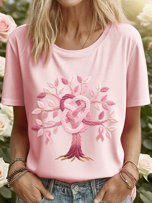 Women's Pink Tree of Life Embroidered T-Shirt