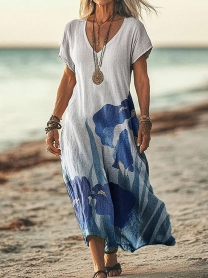 Women's Vintage Location Printed V-Neck Short Sleeve Dress