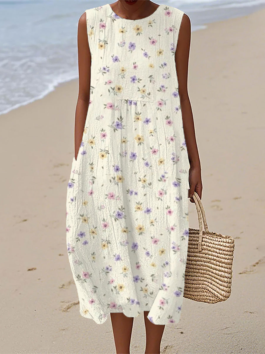 Women's Vintage Floral Print Linen Sleeveless Dress