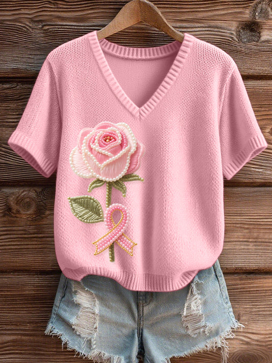 Women's Pink Floral Beaded Art V-Neck Knit Top