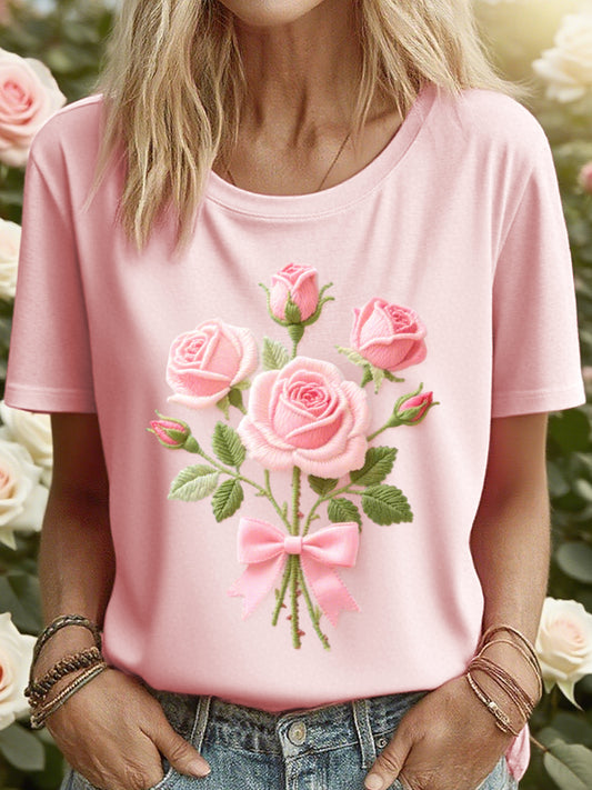 Women's Pink Floral Embroidered T-Shirt