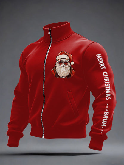 Men's Funny Merry Christmas Bruh Santa Claus Print Casual Zipper Sweatshirt