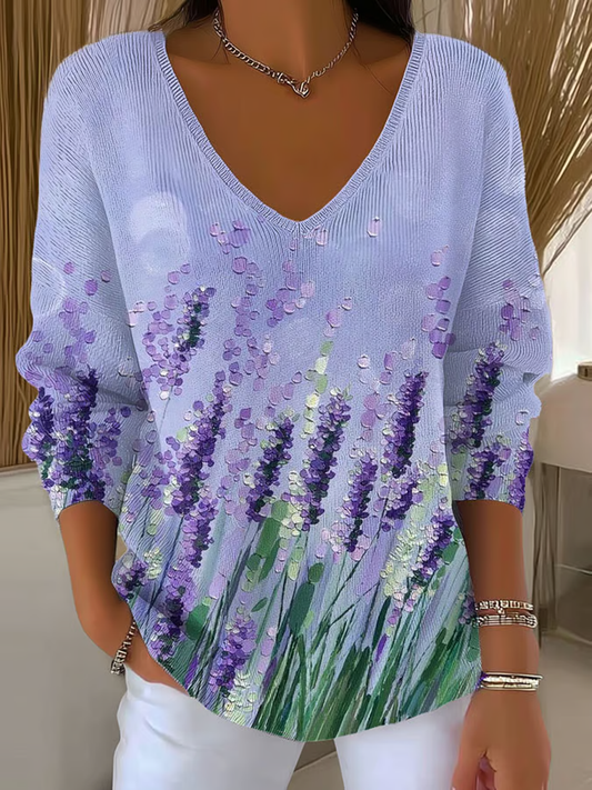 Women's casual Alzheimer's purple floral long-sleeved T-shirt