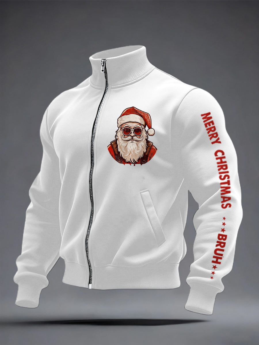 Men's Funny Merry Christmas Bruh Santa Claus Print Casual Zipper Sweatshirt