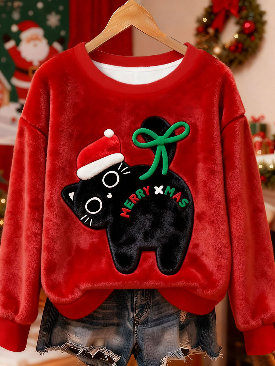 Women's Cute Christmas Cat Art Print Casual Flannel Sweatshirt