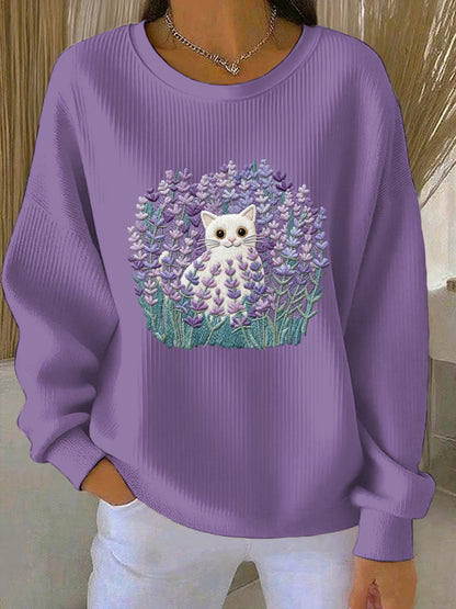 Women's Purple Cat Floral Print Casual Sweatshirt