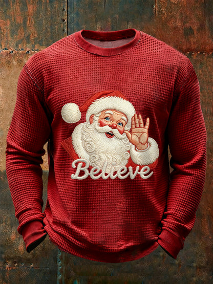 Men's Christmas Believe Santa Claus Print Casual Waffle Long Sleeve Top