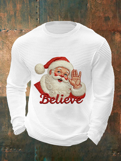 Men's Christmas Believe Santa Claus Print Casual Waffle Long Sleeve Top