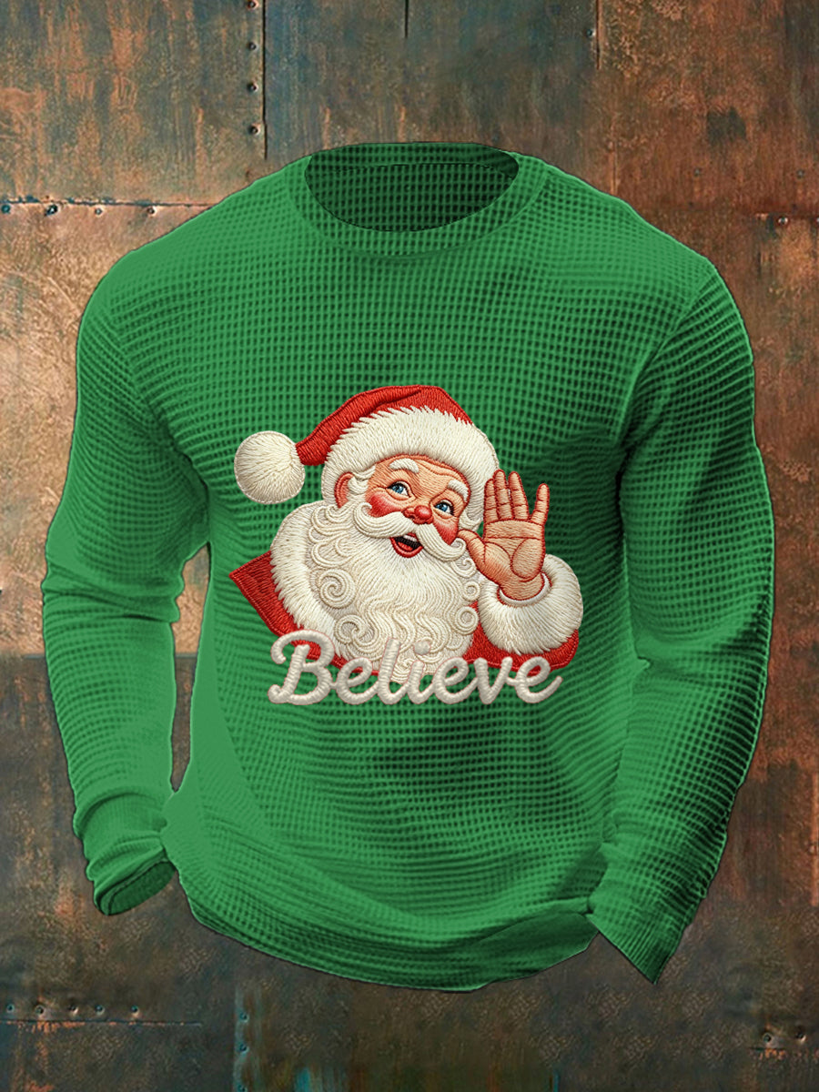 Men's Christmas Believe Santa Claus Print Casual Waffle Long Sleeve Top