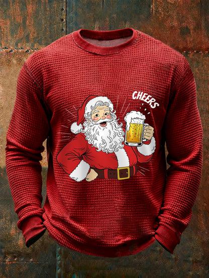 Men's Cheers! Funny Christmas Santa Claus Print Casual Waffle Long Sleeve Top