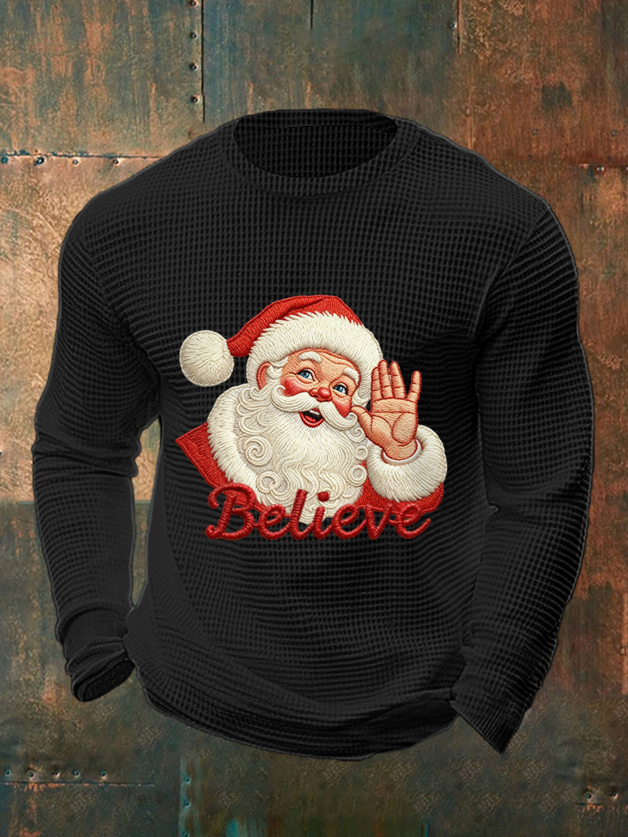 Men's Christmas Believe Santa Claus Print Casual Waffle Long Sleeve Top
