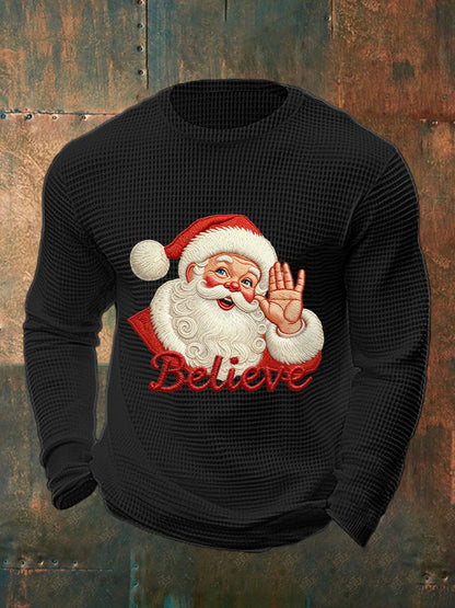 Men's Christmas Believe Santa Claus Print Casual Waffle Long Sleeve Top