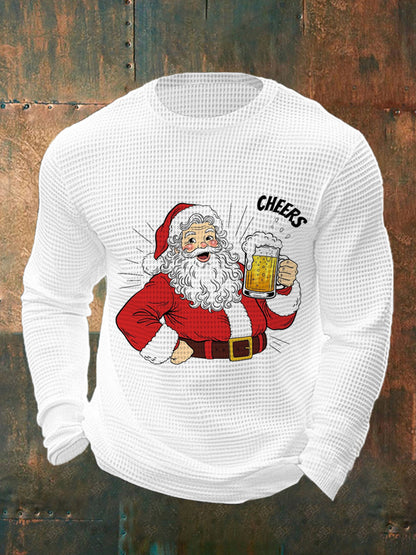 Men's Cheers! Funny Christmas Santa Claus Print Casual Waffle Long Sleeve Top