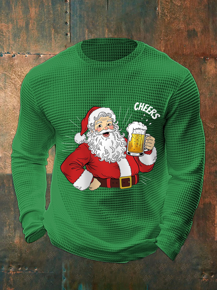 Men's Cheers! Funny Christmas Santa Claus Print Casual Waffle Long Sleeve Top