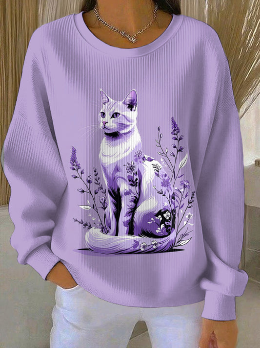 Women's Purple Cat Floral Print Casual Sweatshirt