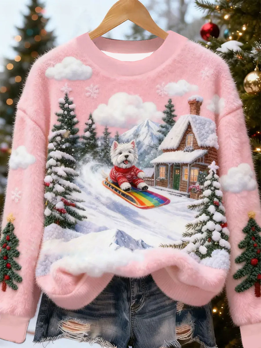 Women's Retro Animal Christmas Art Print Casual Flannel Top